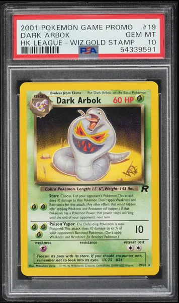 Dark Arbok · League Promo Wizard's Gold Stamp #19 (2001), PSA 10