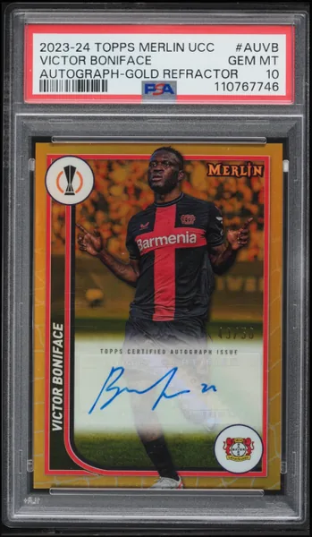 2023 Topps Merlin UEFA Club Competitions Gold Ref Victor Boniface AUTO /50 #AUVB PSA 10