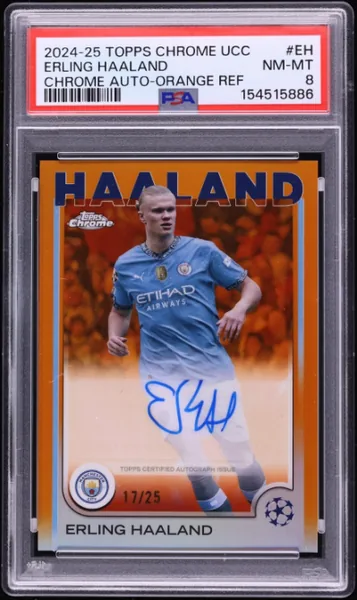 2024 Topps Chrome UEFA Club Competitions Orange Refractor Erling Haaland AUTO /25 #CA-EH PSA 8