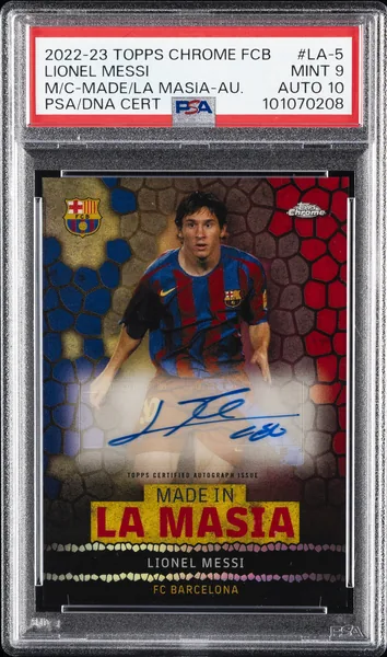2022 #LA-5 Lionel Messi PSA 9 Topps Chrome FC Barcelona Mes Que UN Club Made in La Masia Autographs Soccer