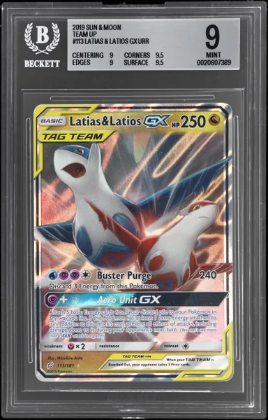 2019 Pokemon Sun and Moon Team Up Latias/Latios Gx #113 BGS 9
