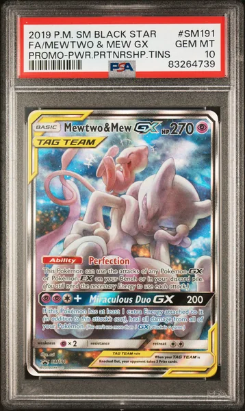 Mewtwo & Mew GX · Sun & Moon Black Star Promo Full Art #SM191 (2019), PSA 10