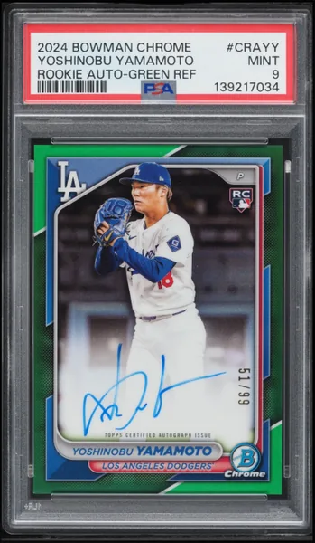 Yoshinobu Yamamoto · Bowman Chrome Green Refractor Rookie Auto /99 #CRA-YY (2024), PSA 9