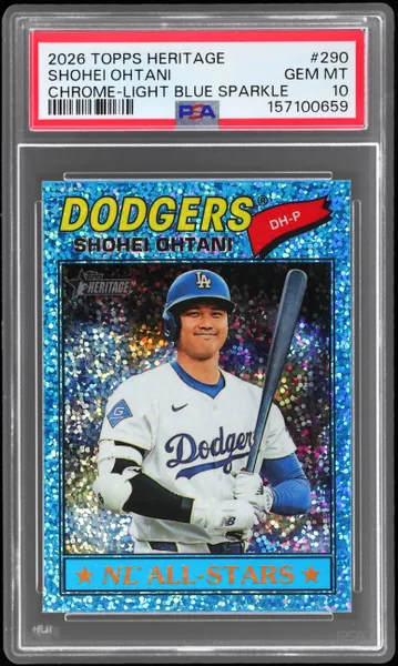 Shohei Ohtani · Topps Heritage Chrome Light Blue Sparkle #290 (2026), PSA 10