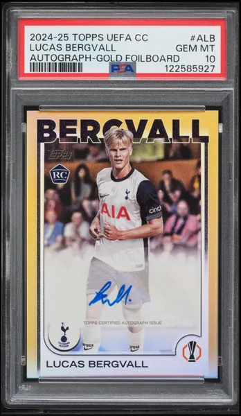 Lucas Bergvall · Topps UEFA CC Gold Foilboard Rookie Auto /50 #A-LB (2024), PSA 10