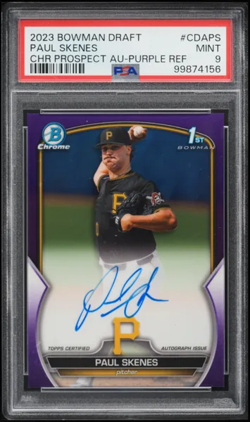 Paul Skenes · Bowman Chrome Draft Purple Refractor Prospect Auto /250 (2023), PSA 9