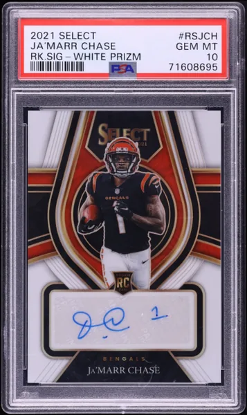 Ja'Marr Chase · Select White Prizm Rookie Auto /35 #RS-JCH (2021), PSA 10