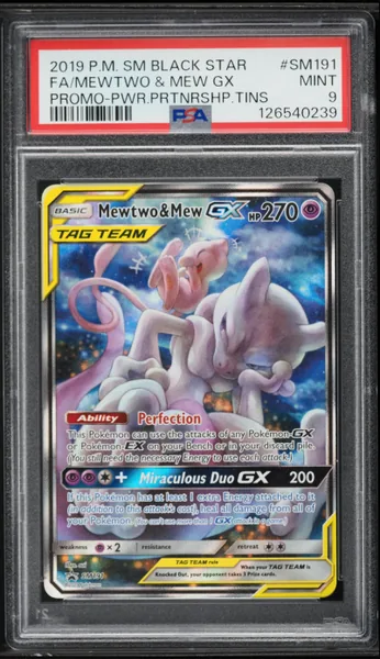 Mewtwo & Mew GX · Sun & Moon Promo Power Partnership Tins Full Art #SM191 (2019), PSA 9