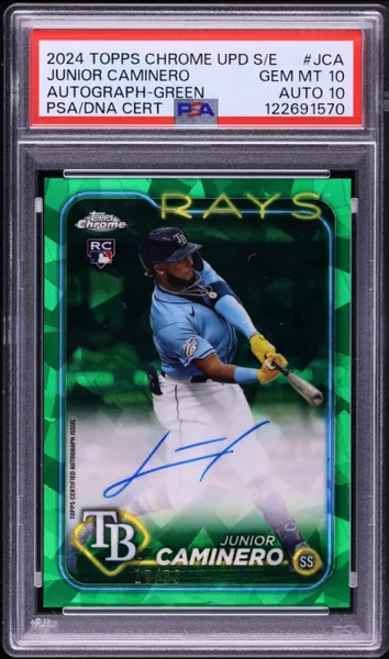 Junior Caminero · Topps Chrome Update Series Green Refractor Rookie Auto /99 #JCS (2024), PSA 10