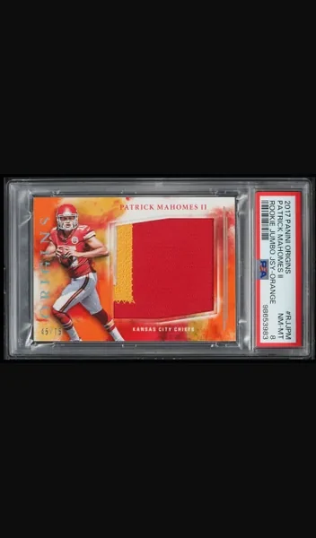 Patrick Mahomes II · Origins Jumbo Orange Rookie Patch /75 (2017), PSA 8