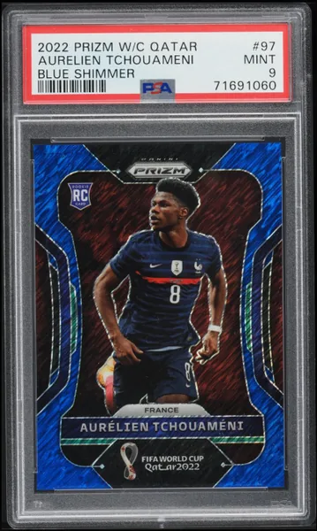 2022 Panini Prizm World Cup Qatar Blue Shimmer Aurelien Tchouameni ROOKIE /5 #97 PSA 9 MINT