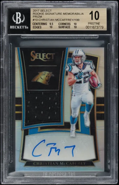 Christian McCaffrey · Select Signature Prizm Rookie Auto Patch /199 (2017), BGS 10
