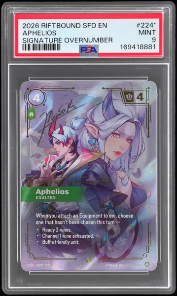 2026 Riftbound League of Legends Spiritforged Exalted Signature Overnumber Aphelios #224* PSA 9