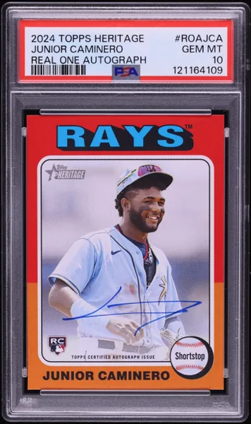 2024 Topps Heritage Real One Blue Jersey Red Ink Junior Caminero RC AUTO #ROAJCA PSA 10 GEM