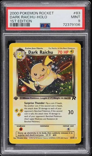 2000 Pokemon Team Rocket 1st Edition Holo Dark Raichu #83 PSA 9 MINT