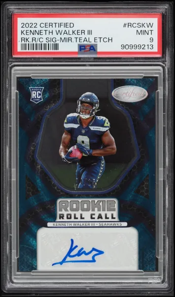 2022 Panini Certified Roll Call Mirror Teal Etch Kenneth Walker III RC AUTO /15 #RCSKW PSA 9