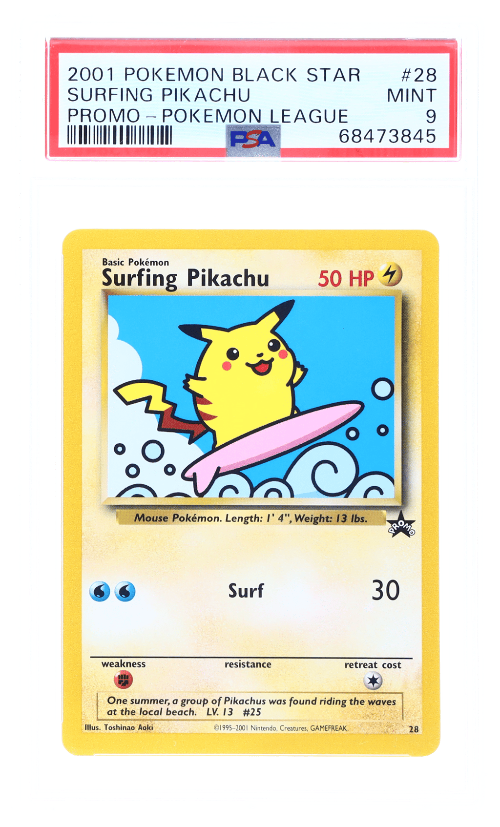 2001 Pokemon Wizards of the Coast Black Star Promo Pokemon League Surfing Pikachu #28 PSA 9