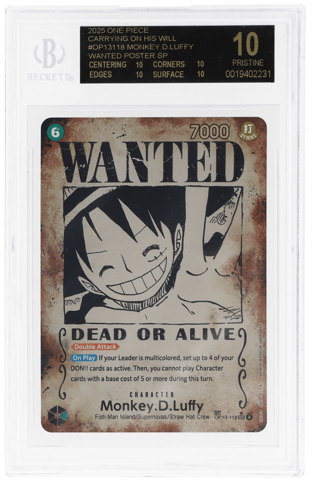 2025 One Piece Carrying On His Will Wanted Alternate Art Monkey D. Luffy #OP13-118 BGS BL