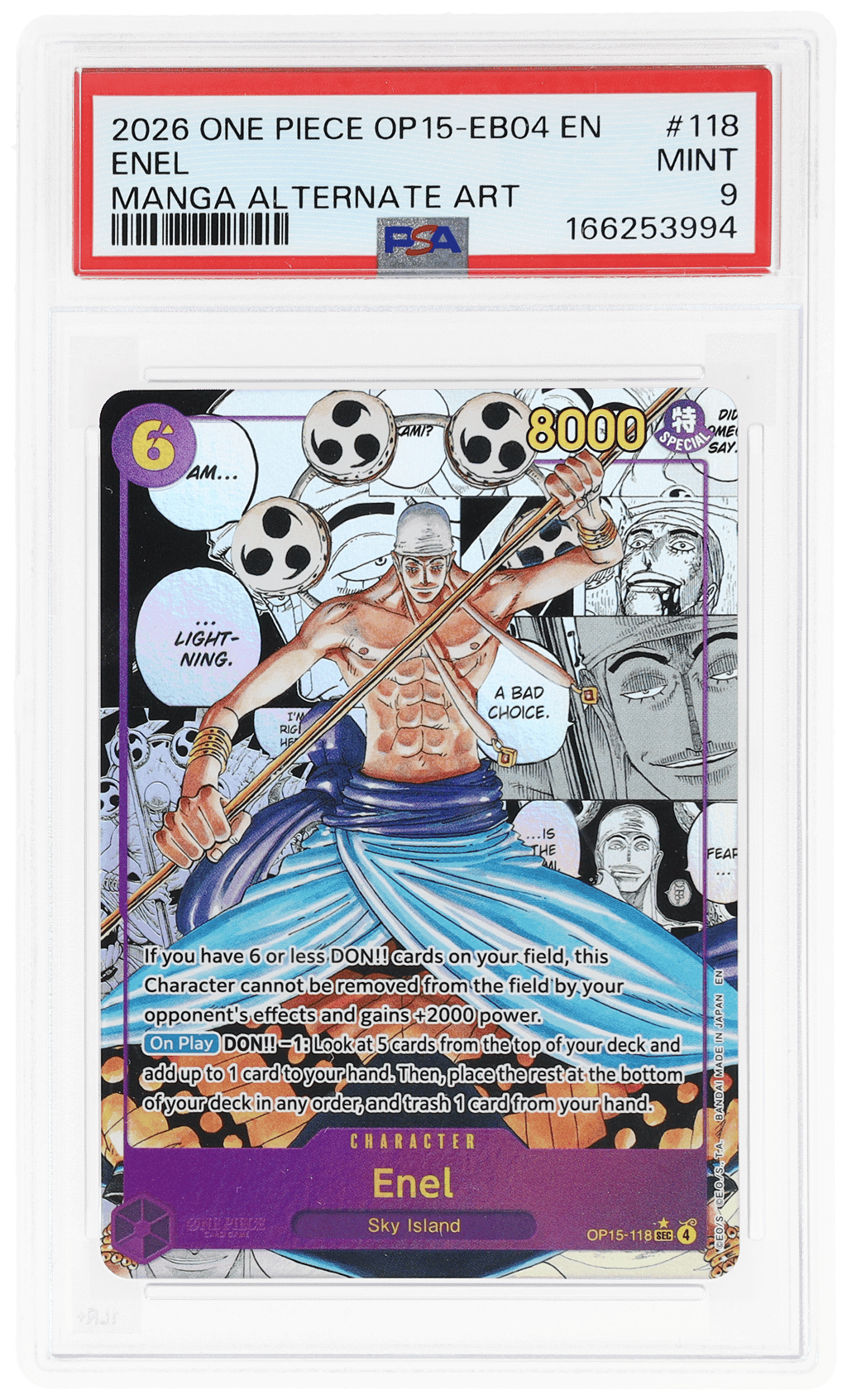 2026 One Piece Adventure On Kami's Island Manga Alternate Art Enel #OP15118 PSA 9