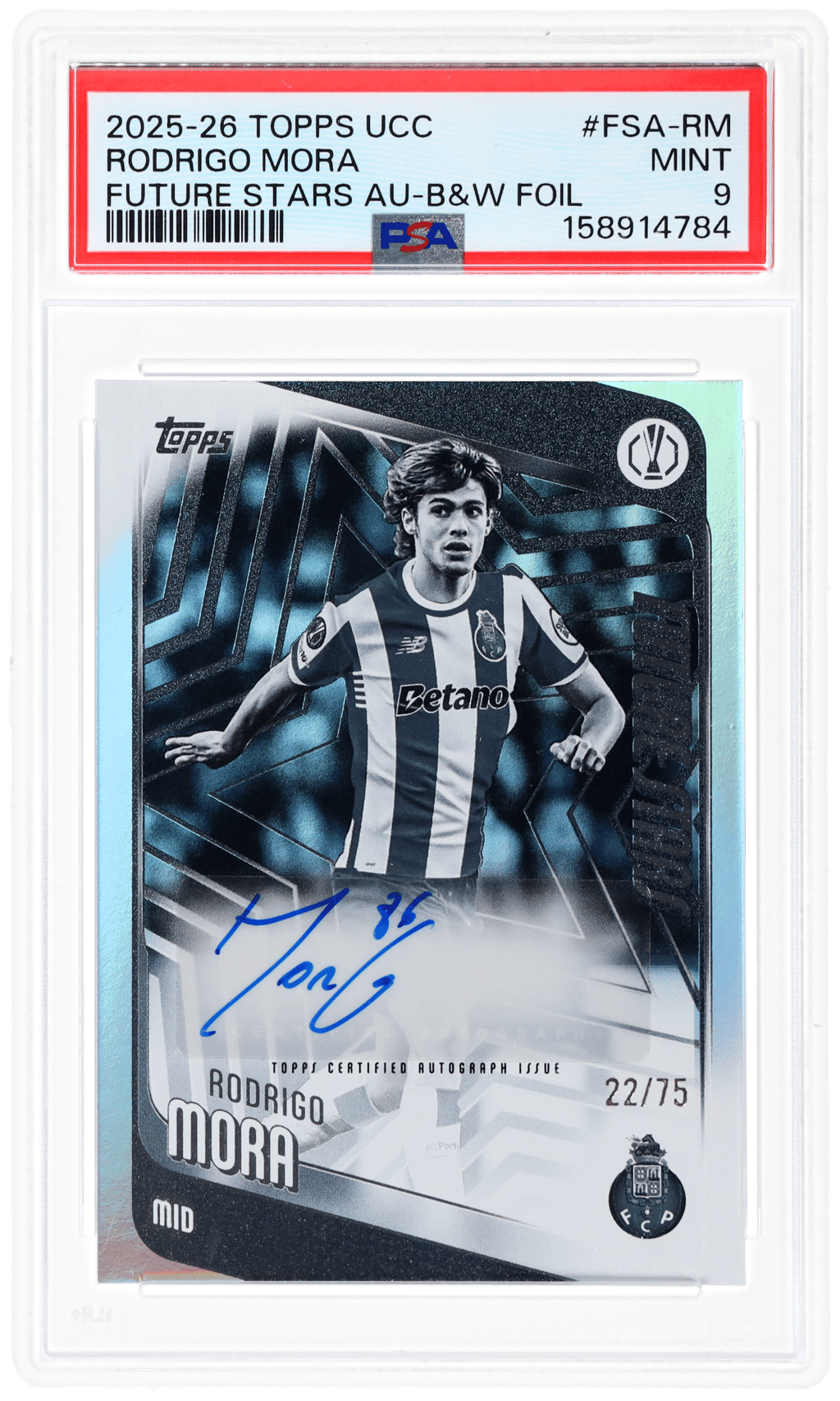 2025 Topps UEFA Club Competitions Future Stars Autograph Black and White Foil Rodrigo Mora #FSA-RM 22/75 PSA 9
