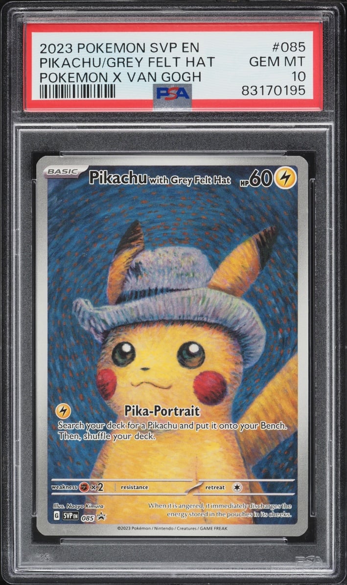 2023 Pokemon Scarlet & Violet Promo Van Gogh Full Art Pikachu Grey Felt Hat #85 PSA 10 GEM MINT