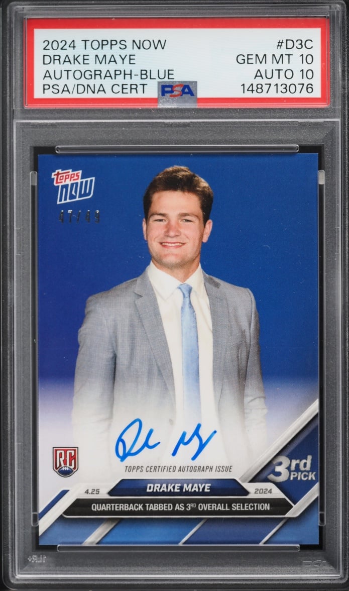2024 Topps Now Blue Drake Maye ROOKIE AUTO DNA 10 /49 #D-3C PSA 10 GEM MINT