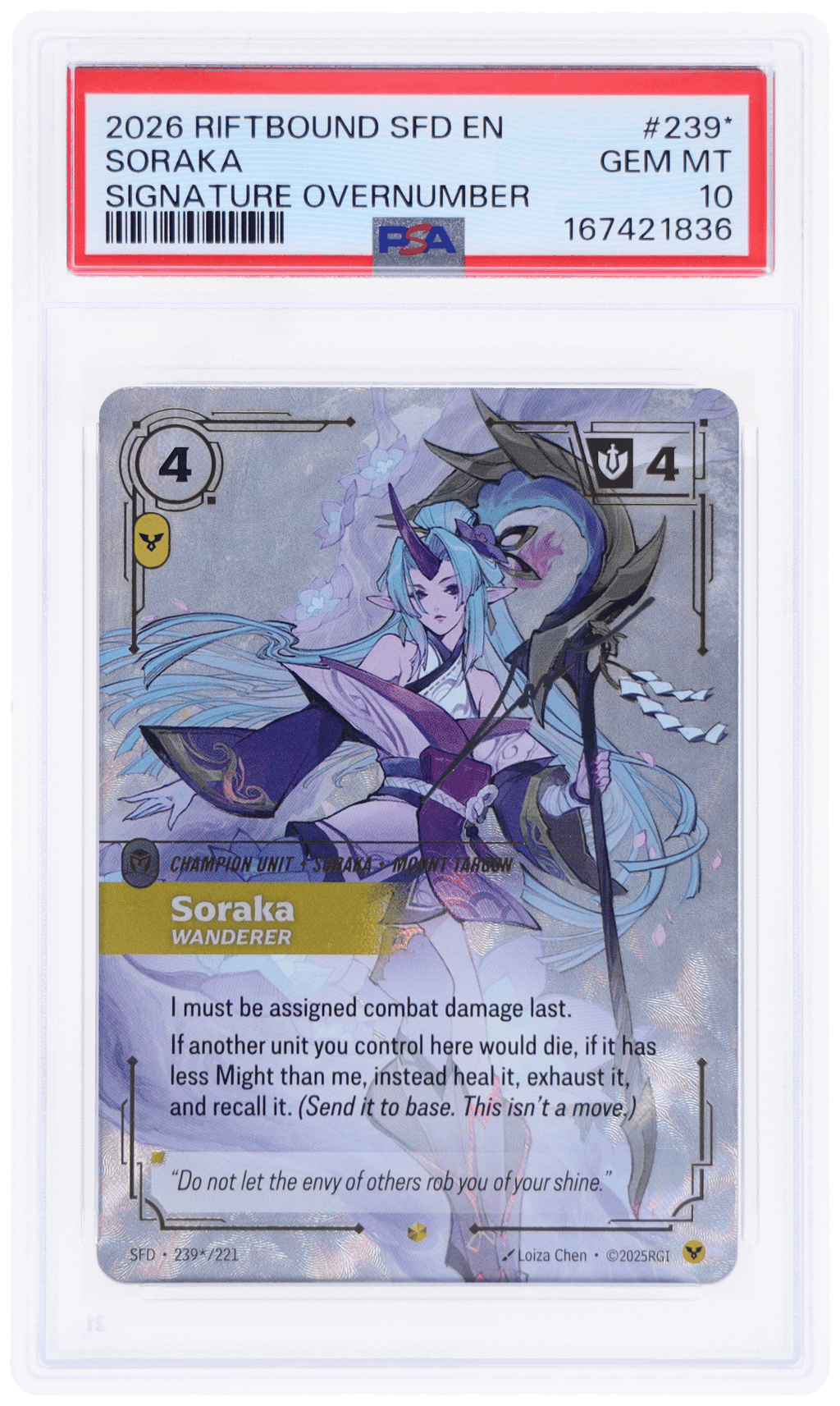 2026 Riftbound League of Legends Spiritforged Signature Overnumber Soraka #239 PSA 10