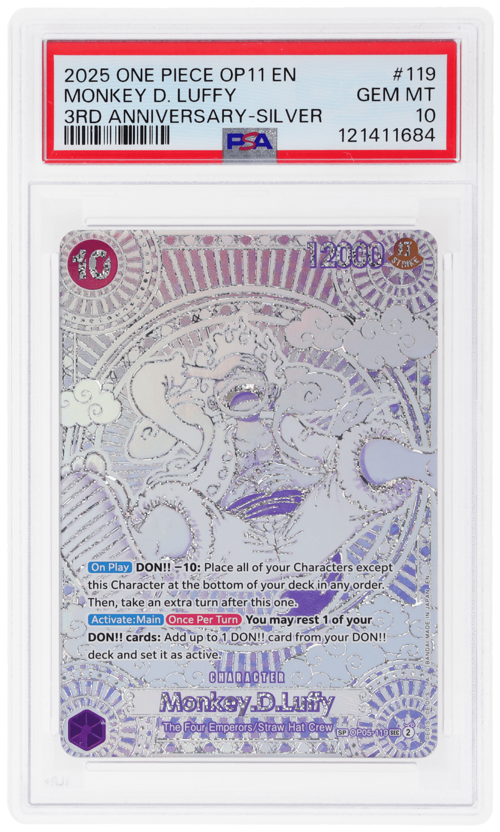 2025 One Piece A Fist of Divine Speed 3rd Anniversary Special Alternate Art Silver Monkey D. Luffy #OP05-119 PSA 10