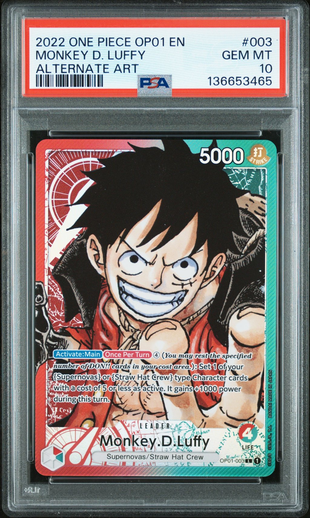 2022 ONE PIECE OP01-ROMANCE DAWN 003 MONKEY D. LUFFY ALTERNATE ART PSA 10