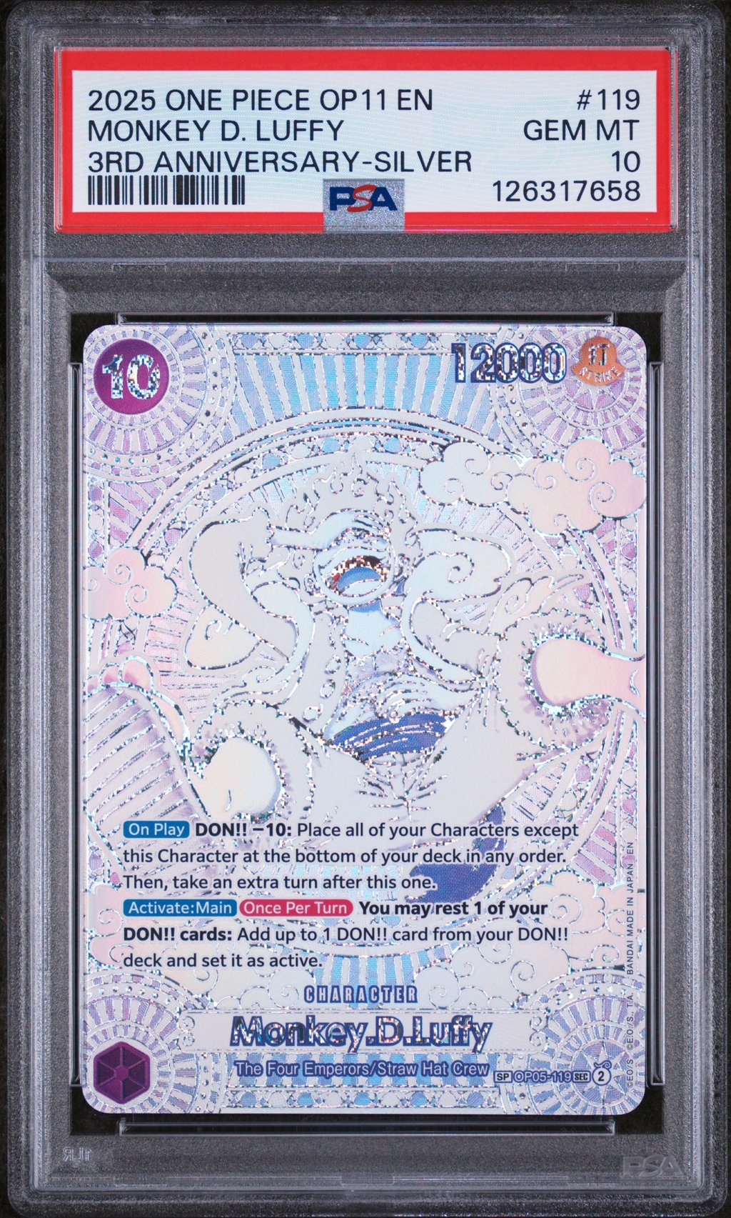 2025 ONE PIECE OP11 MONKEY D LUFFY 3RD ANNIVERSARY SILVER OP05-119 PSA 10