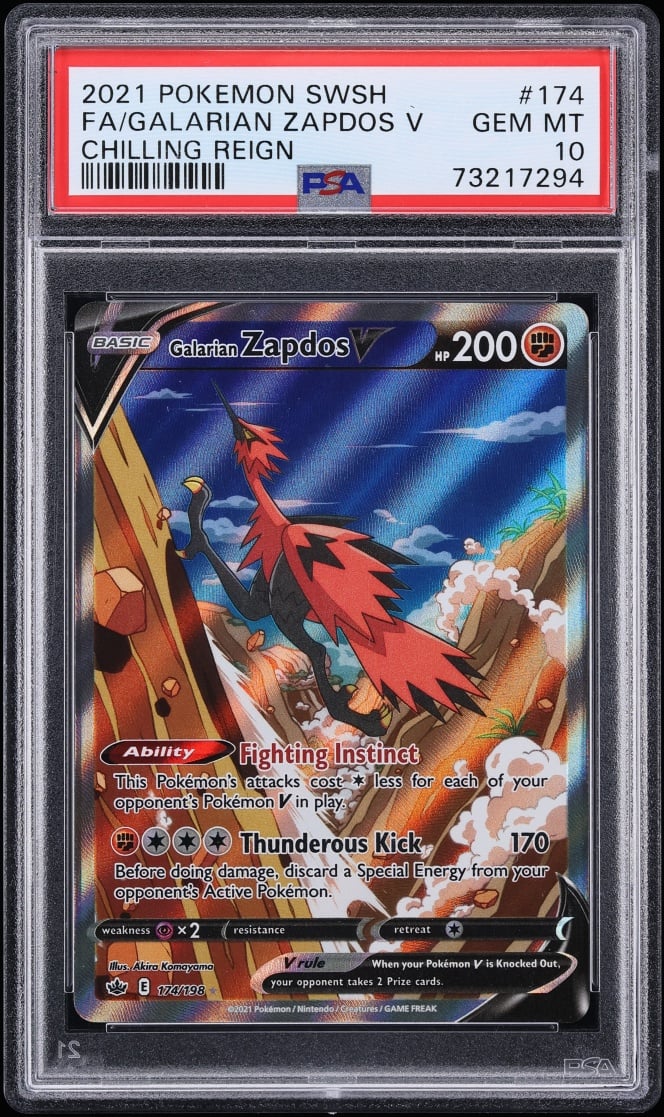 2021 Pokemon Sword & Shield Chilling Reign Full Art Galarian Zapdos V #174 PSA 10 GEM MINT