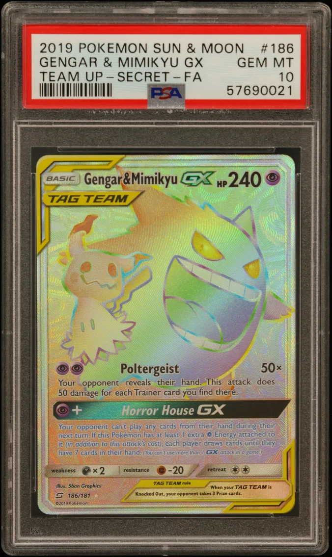 2019 #186 Full Art/Gengar & Mimikyu GX PSA 10 Sun & Moon Team Up — Rare