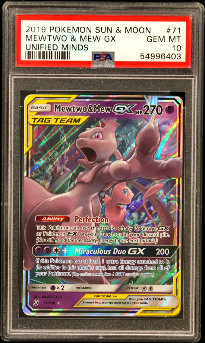 2019 #71 Mewtwo & Mew GX PSA 10 Sun & Moon Unified Minds — Uncommon