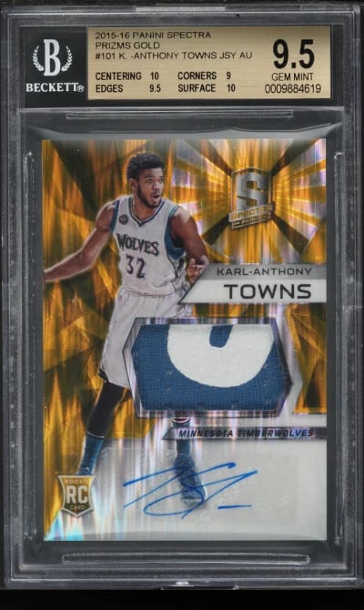 2015 Panini Spectra Gold Prizm Karl-Anthony Towns RC PATCH AUTO /10 #101 BGS 9.5