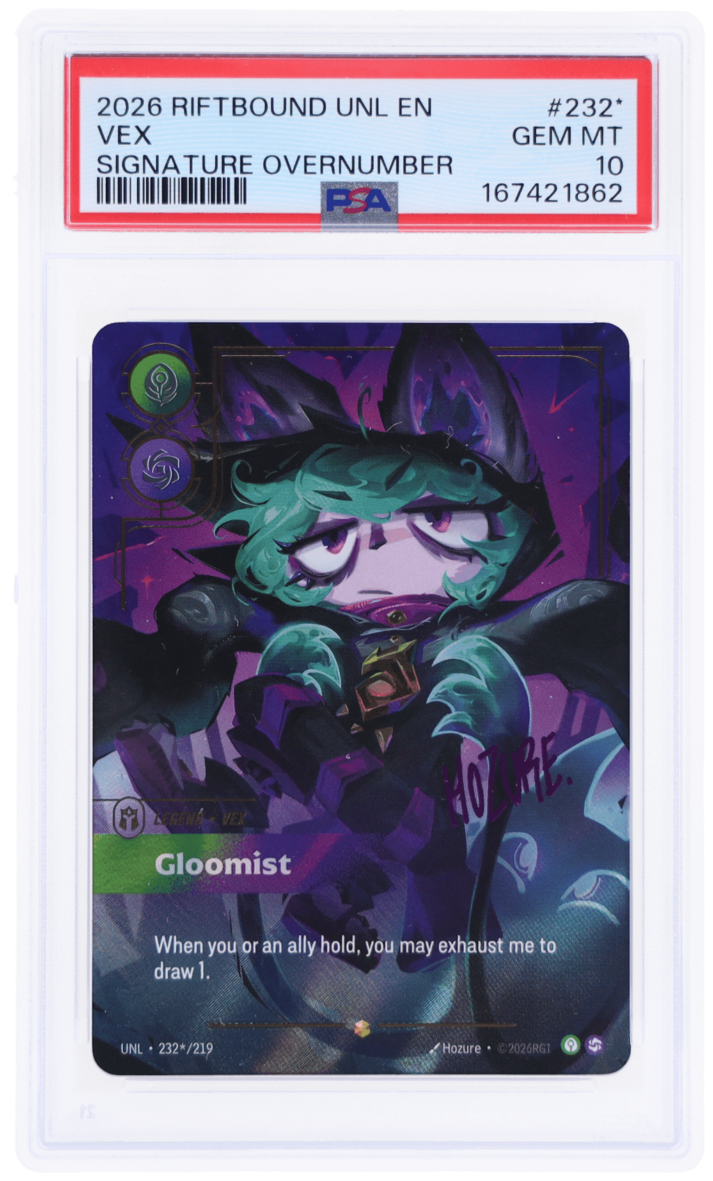 2026 Riftbound: League of Legends Unleashed Gloomist Signature Overnumber Vex #232* PSA 10