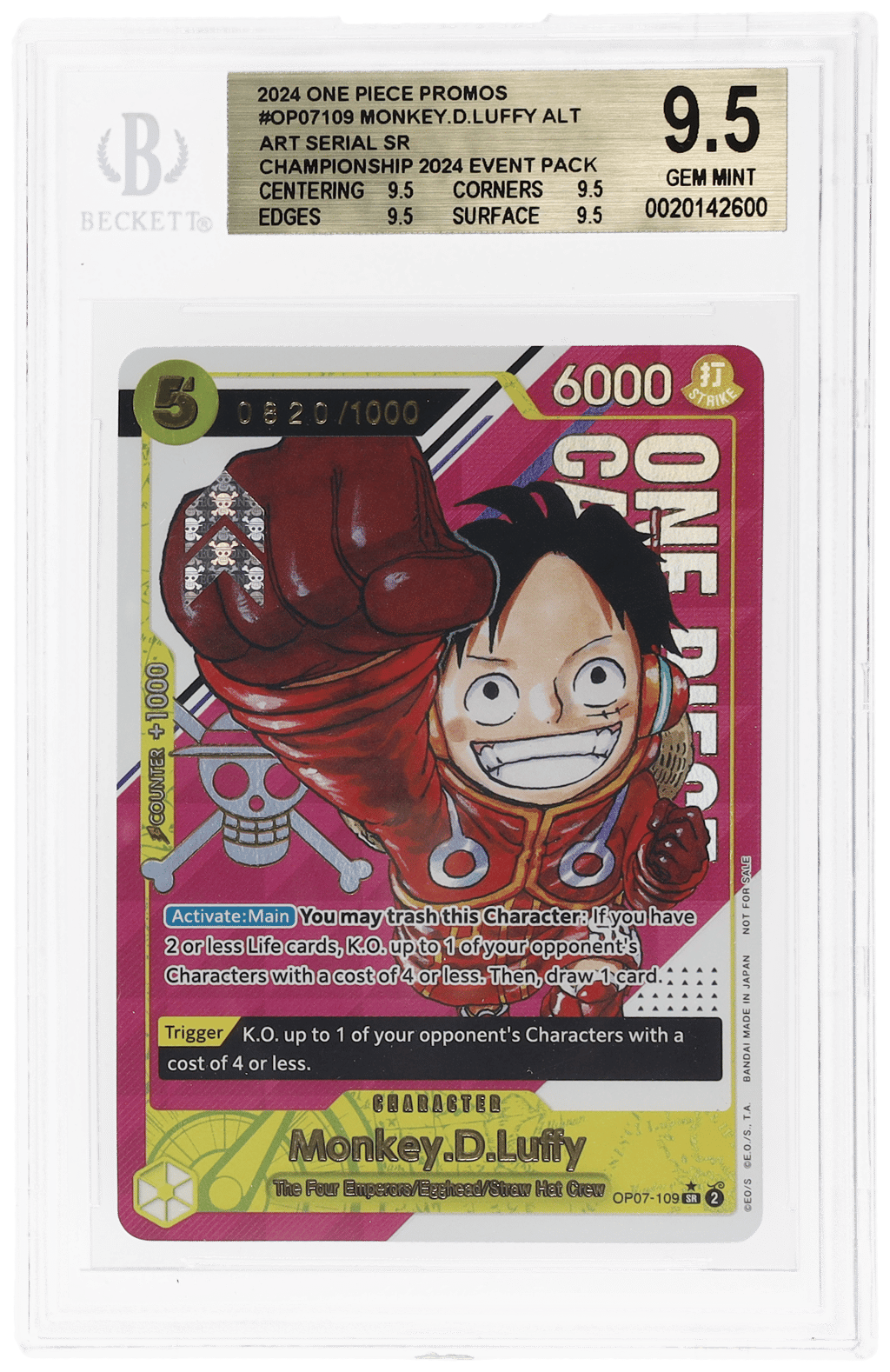 2024 One Piece Promos Championship '24 Event Pack Monkey D. Luffy #OP07-109 /1000 BGS 9.5