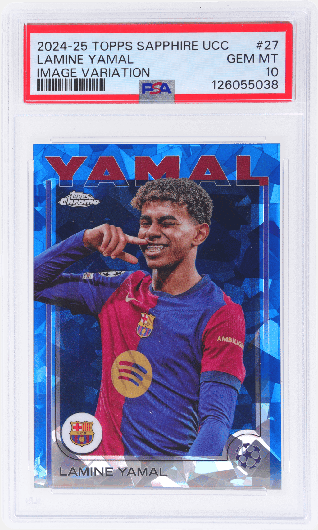 2024 Topps Chrome Sapphire UEFA Club Competitions Smiling Variation Lamine Yamal #27 PSA 10