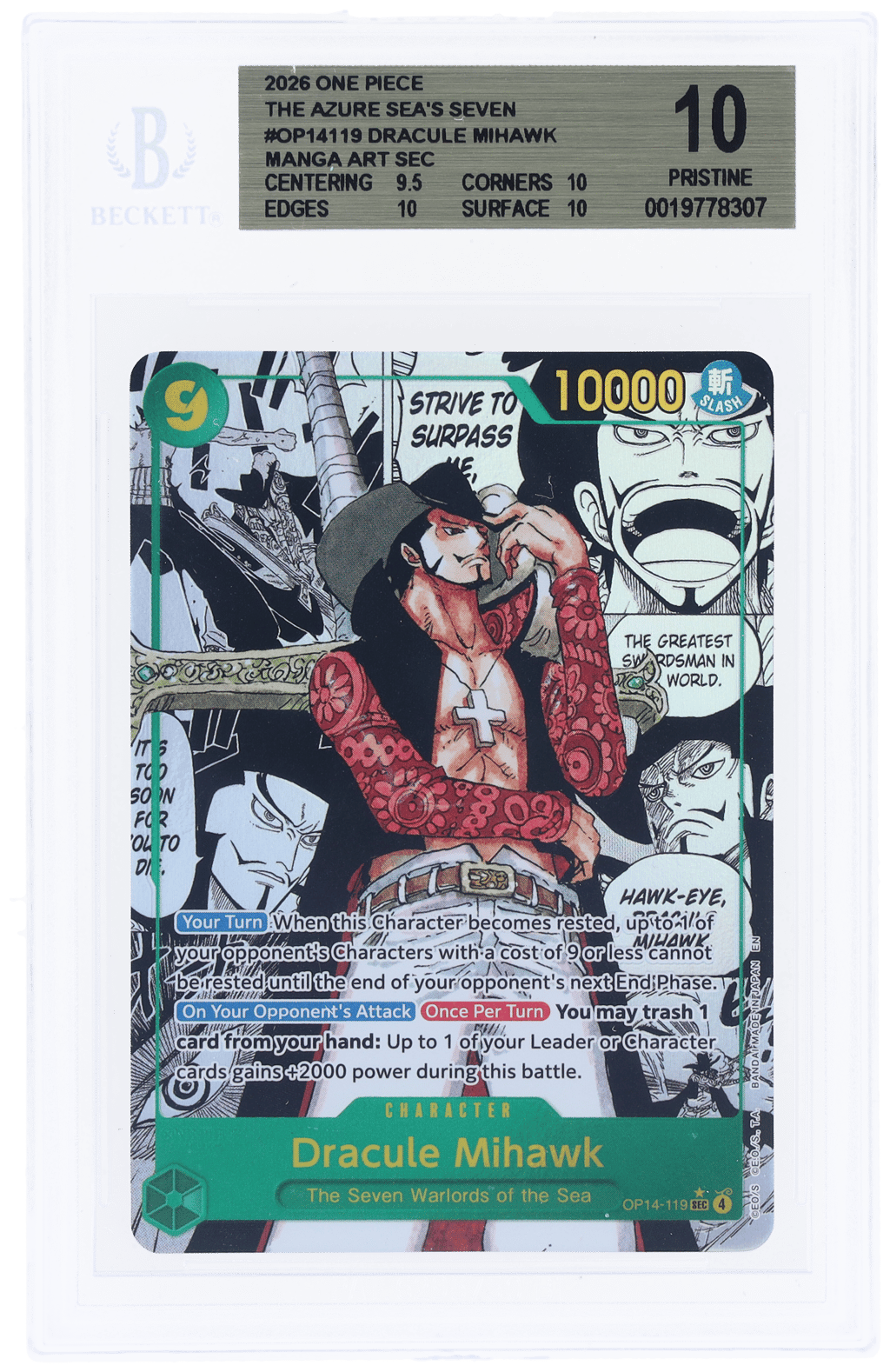 2026 One Piece the Azure Sea's Seven Manga Alternate Art Dracule Mihawk #OP14119 BGS 10