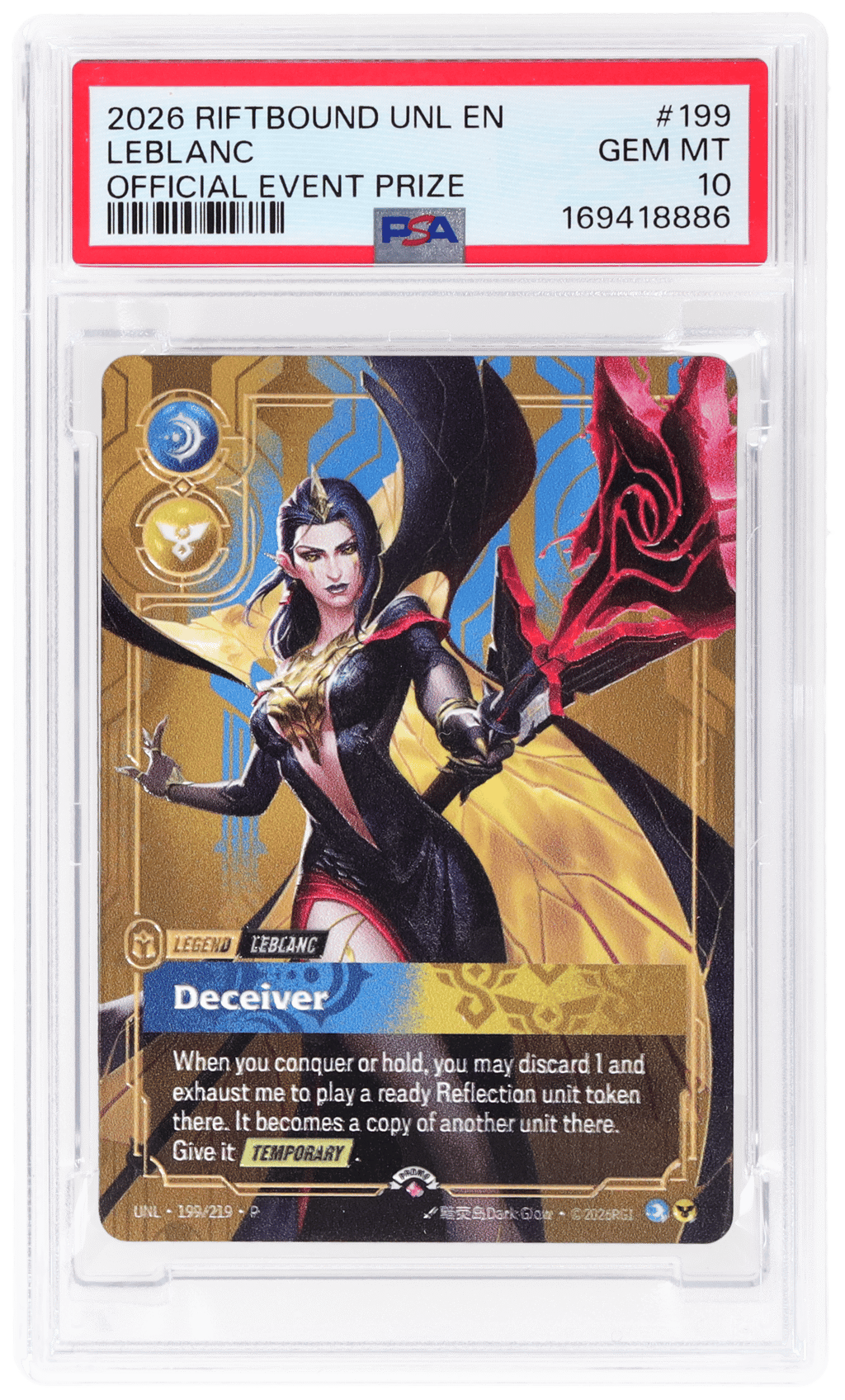 2026 Riftbound: League of Legends Unleashed Plated Legends Official Event Prize Leblanc #199 PSA 10