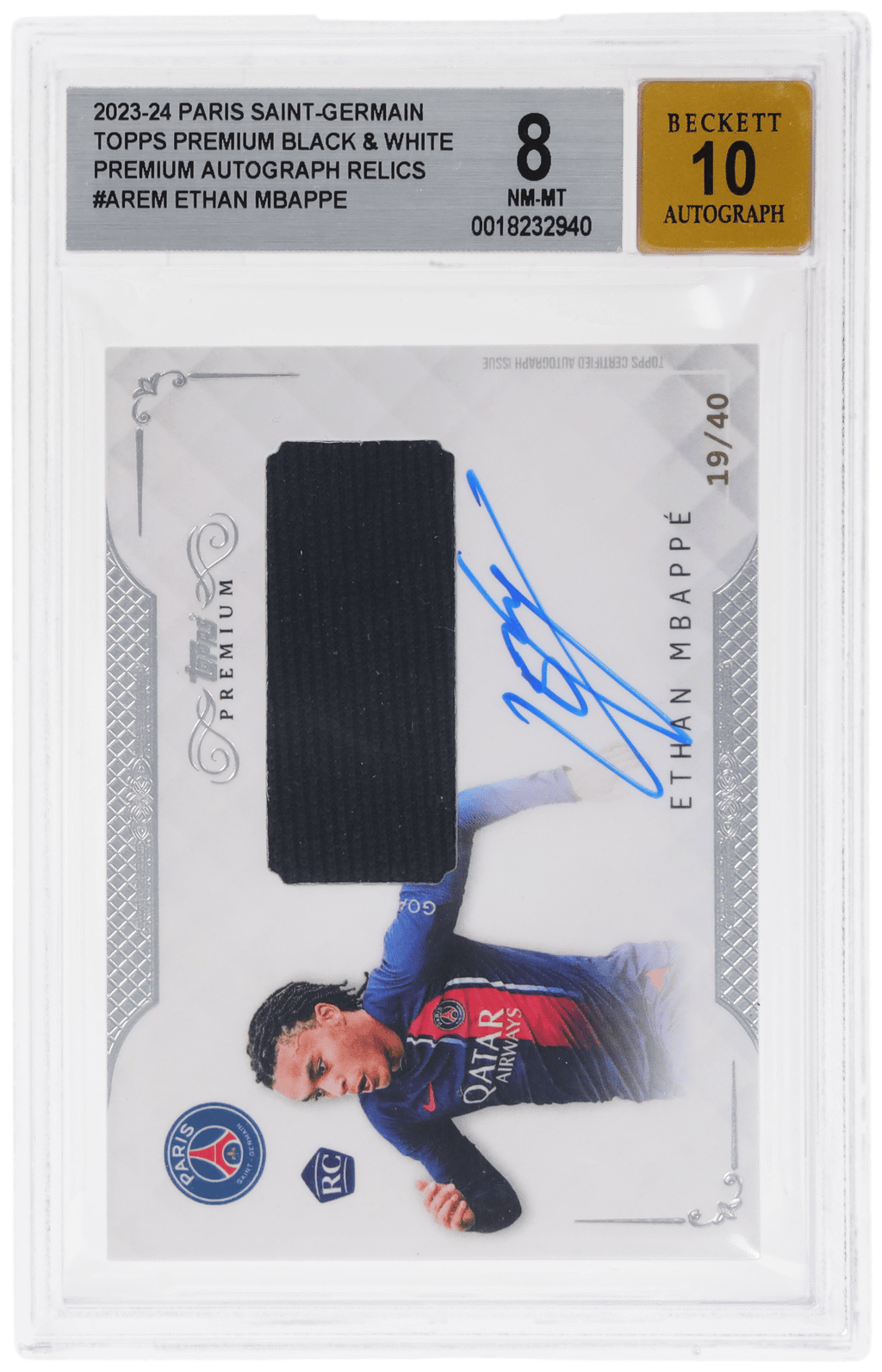 2023 Topps Premium Black and White Paris Saint-Germain Premium Autograph Relic Ethan Mbappe #AREM 19/40 BGS 8