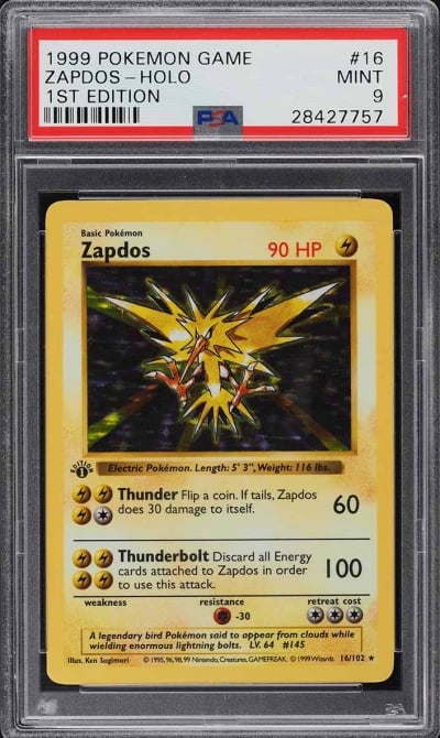 1999 Pokemon Base Set Shadowless 1st Edition Holo Zapdos #16 PSA 9 MINT