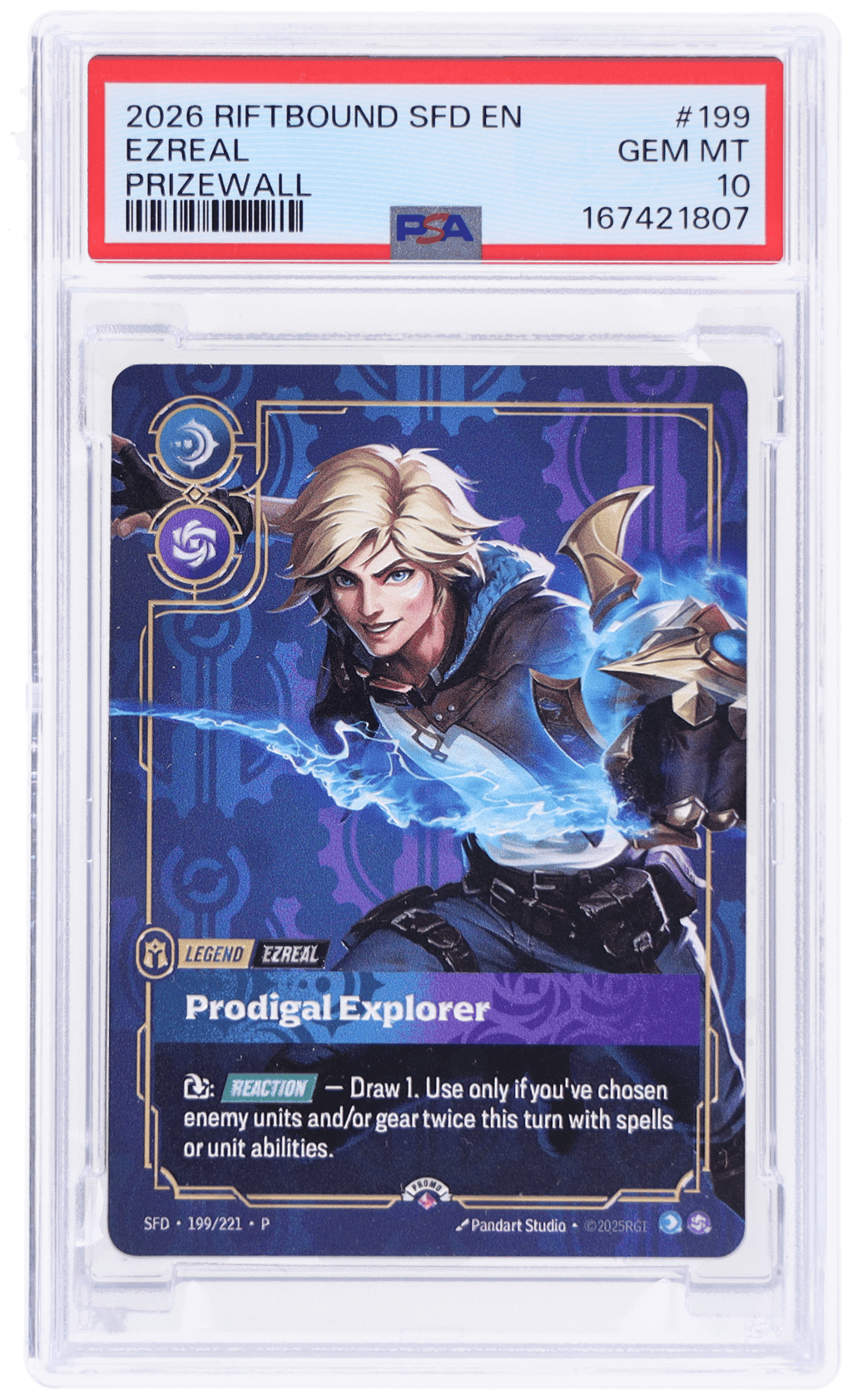 2026 Riftbound League of Legends Spiritforged Plated Legends Prodigal Explorer Metal Prize Wall Ezreal #199 PSA 10