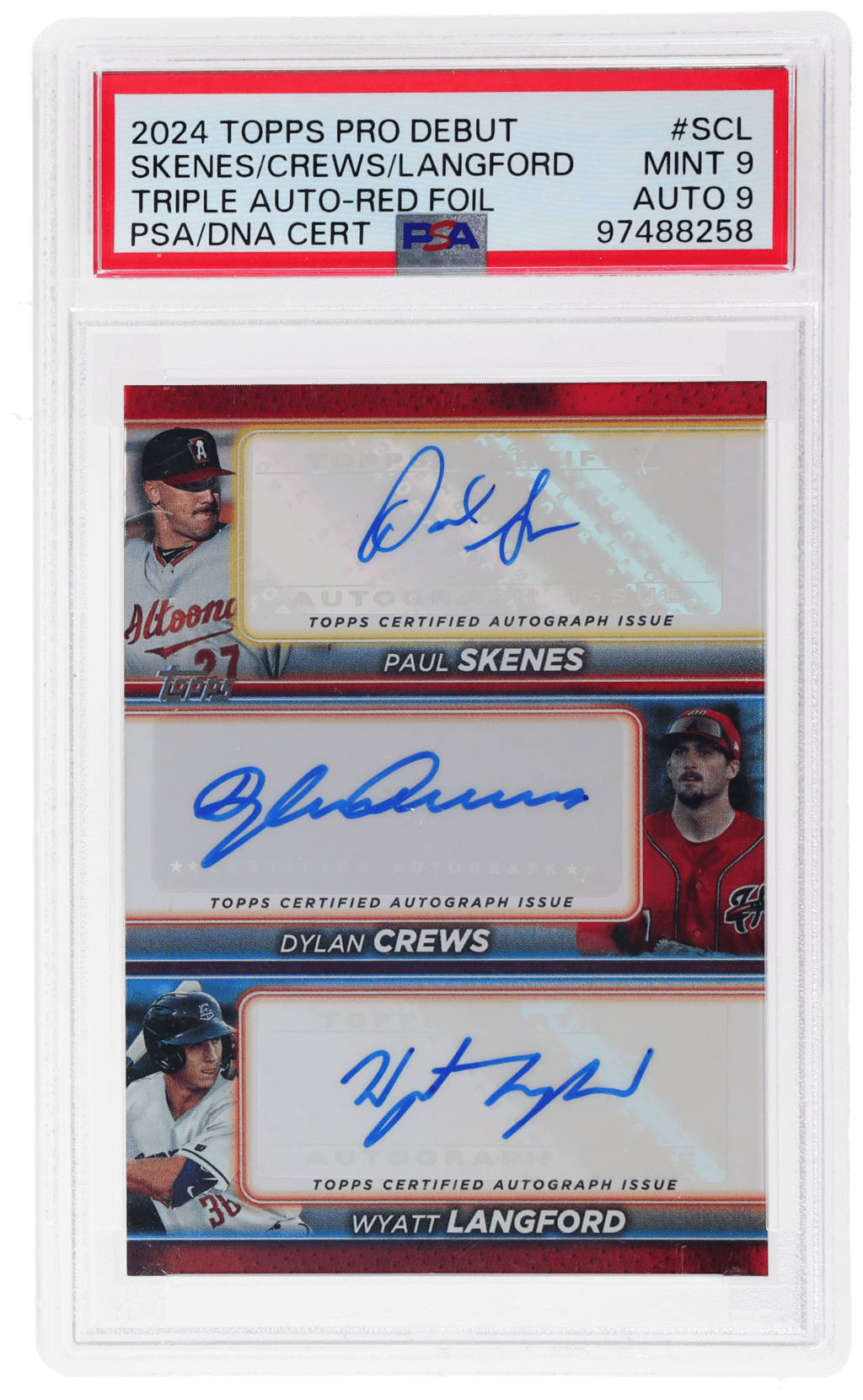 2024 Topps Pro Debut Triple Autographs Red Foil Dylan Crews/Wyatt Langford/Paul Skenes #PDTASCL 4/10 PSA 9
