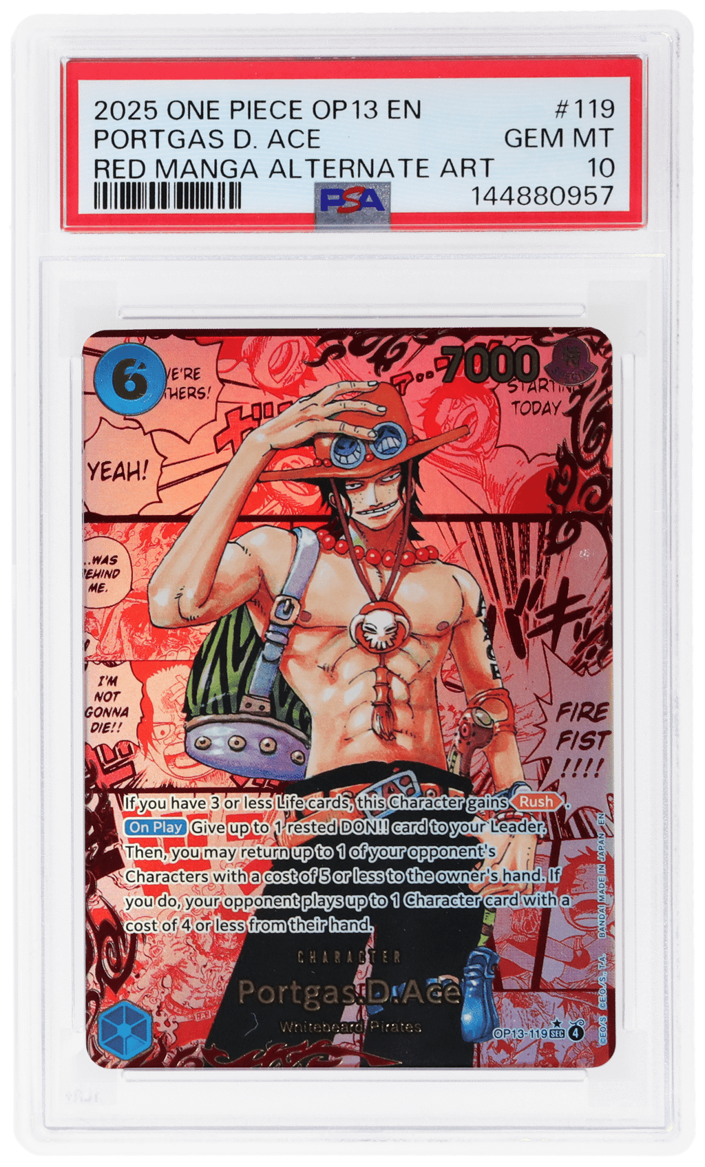 2025 One Piece Carrying On His Will Red Manga Alternate Art Portgas D. Ace #OP13-119 PSA 10
