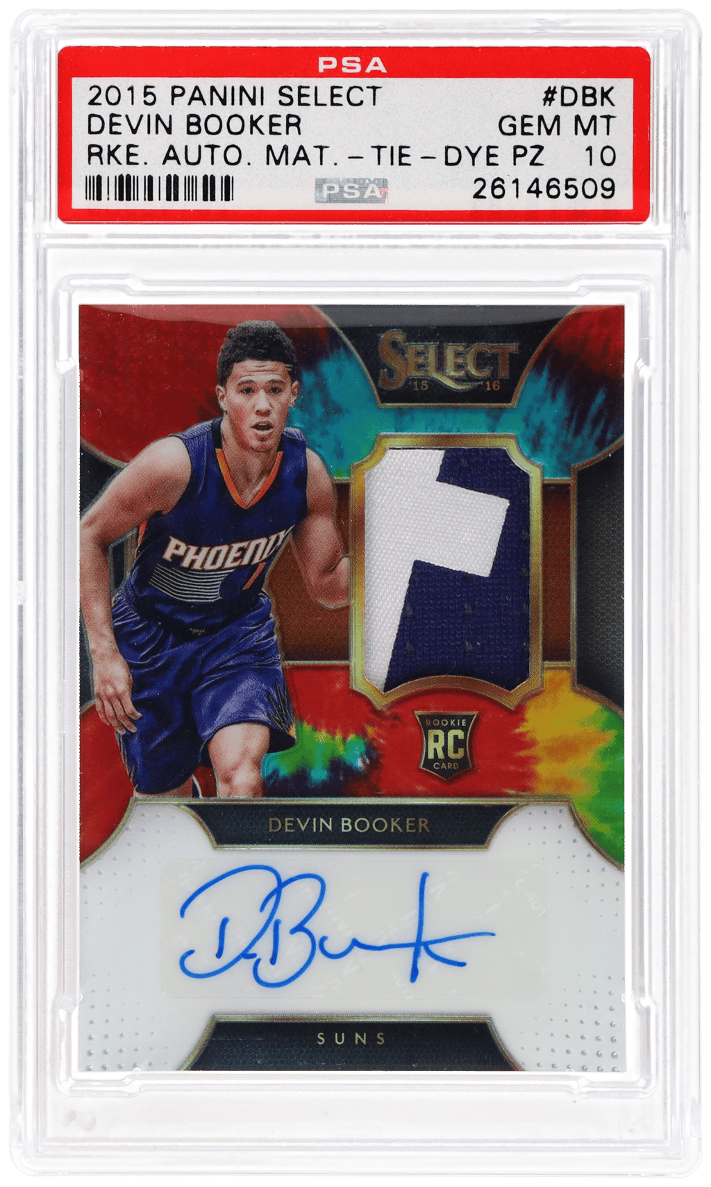 2015 Panini Select Rookie Jersey Autograph Tie-Dye Devin Booker #RA-DBK 11/25 PSA 10