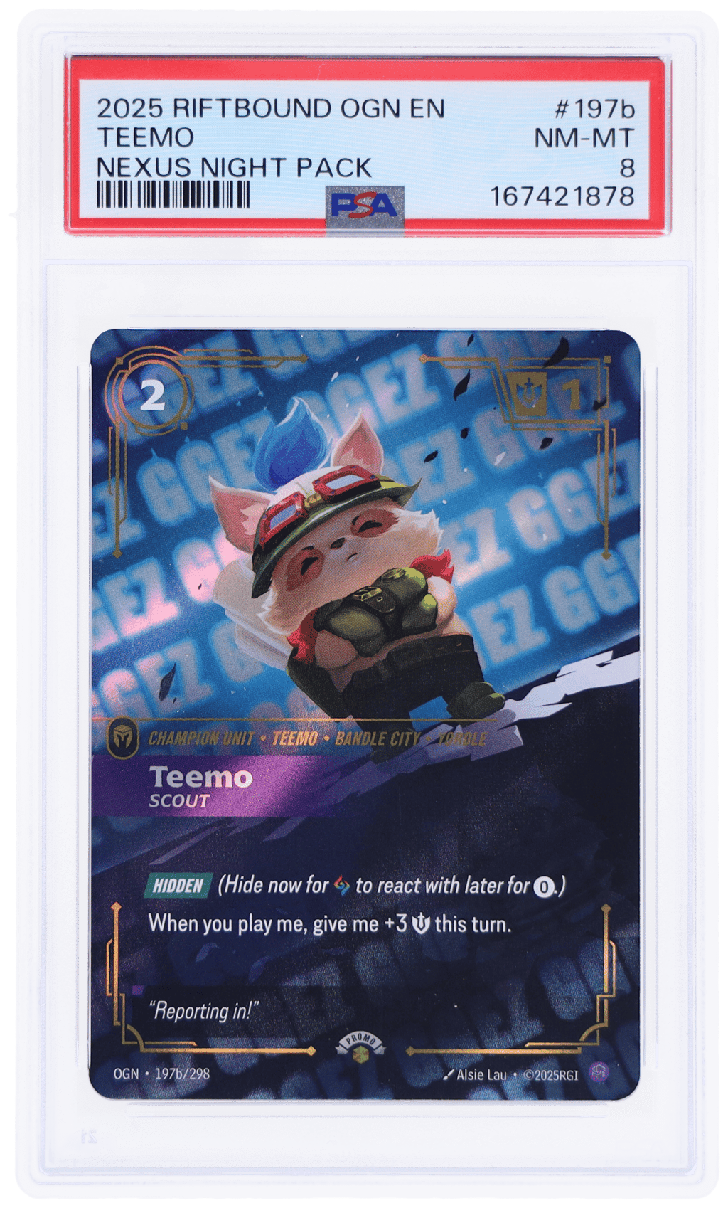 2025 Riftbound League of Legends Origins Scout Nexus Night Pack Teemo #197b PSA 8