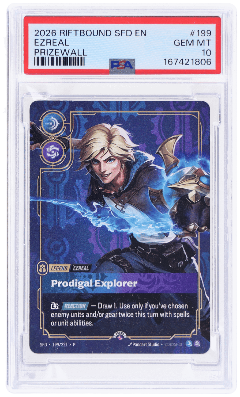 2026 Riftbound League of Legends Spiritforged Plated Legends Prodigal Explorer Metal Prize Wall Ezreal #199 PSA 10