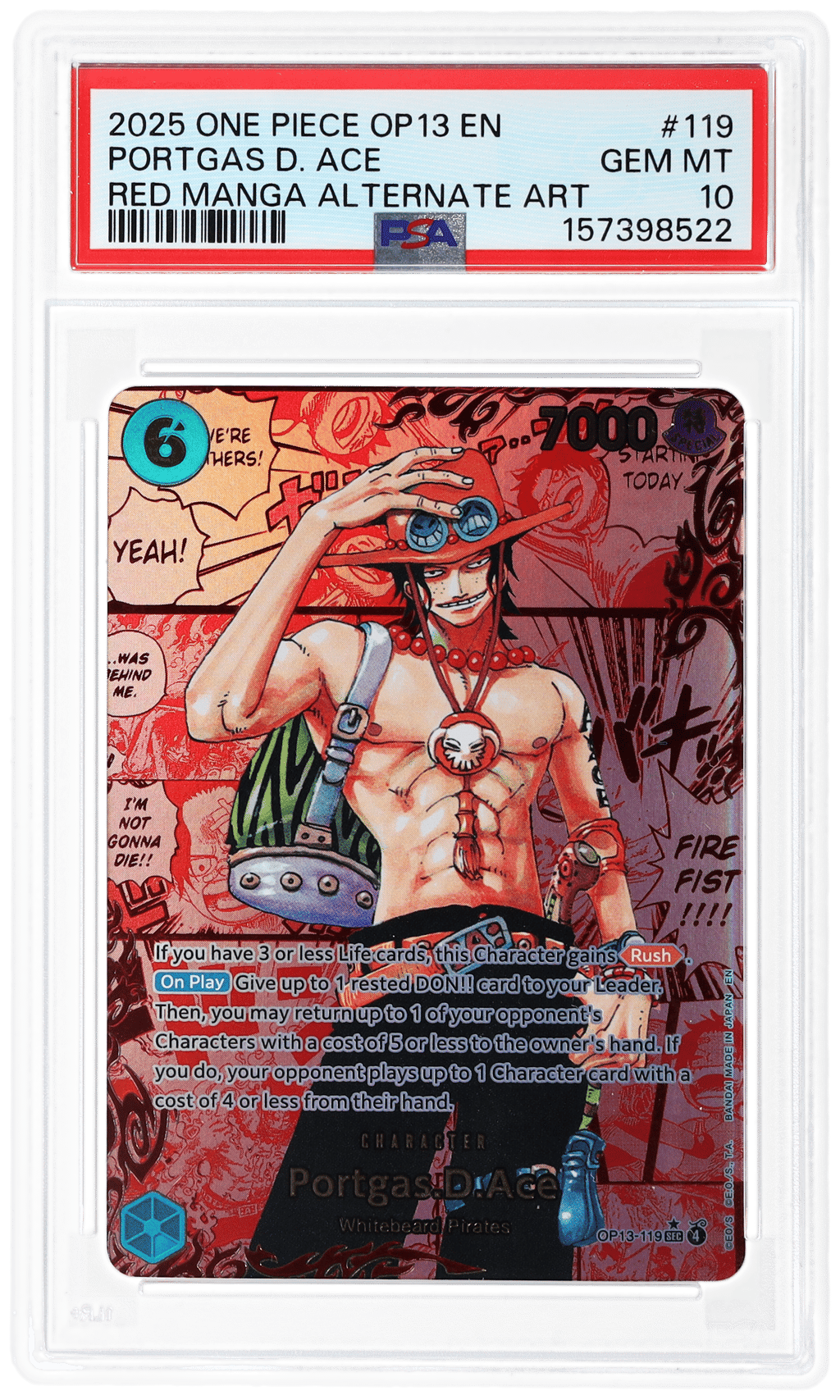 2025 One Piece Carrying On His Will Red Manga Alternate Art Portgas D. Ace #OP13-119 PSA 10