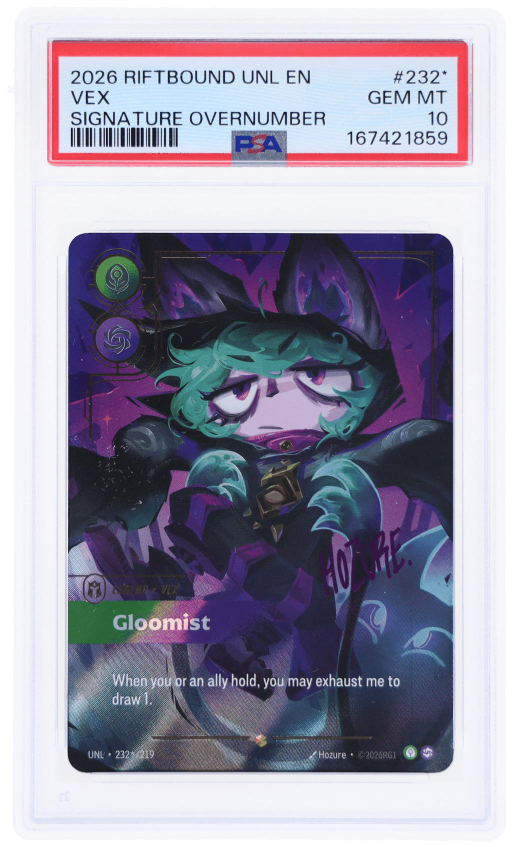 2026 Riftbound: League of Legends Unleashed Gloomist Signature Overnumber Vex #232* PSA 10