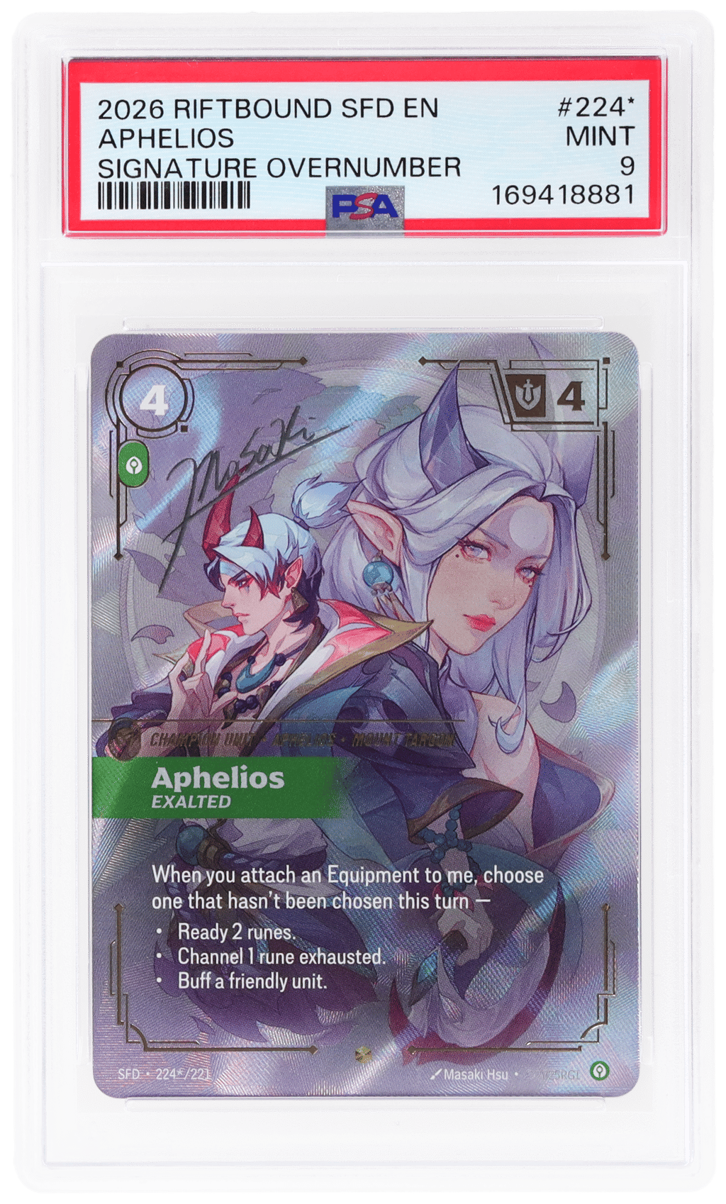 2026 Riftbound League of Legends Spiritforged Exalted Signature Overnumber Aphelios #224* PSA 9